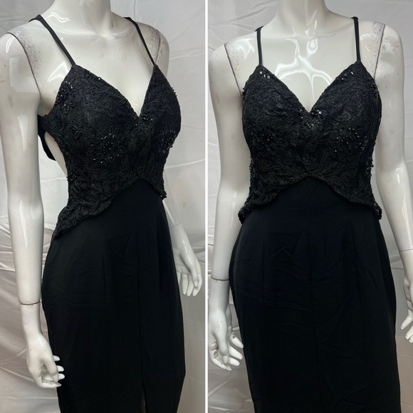 Precious Formals 10 Vintage Y2K Black Beaded Sequins Lace Cut Out Long Dress - Picture 4 of 5
